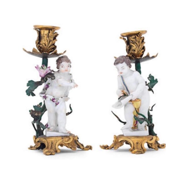 Pair of Louis XV Gilt-Bronze, Porcelain and Tôle Candlesticks