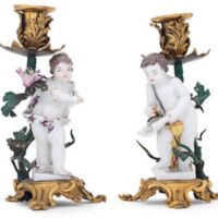 Pair of Louis XV Gilt-Bronze, Porcelain and Tôle Candlesticks