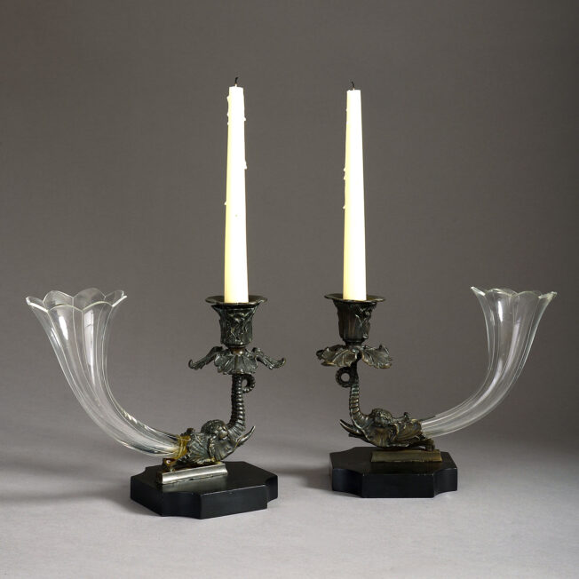 Pair of Bronze-Mounted Glass Vases/Candlesticks