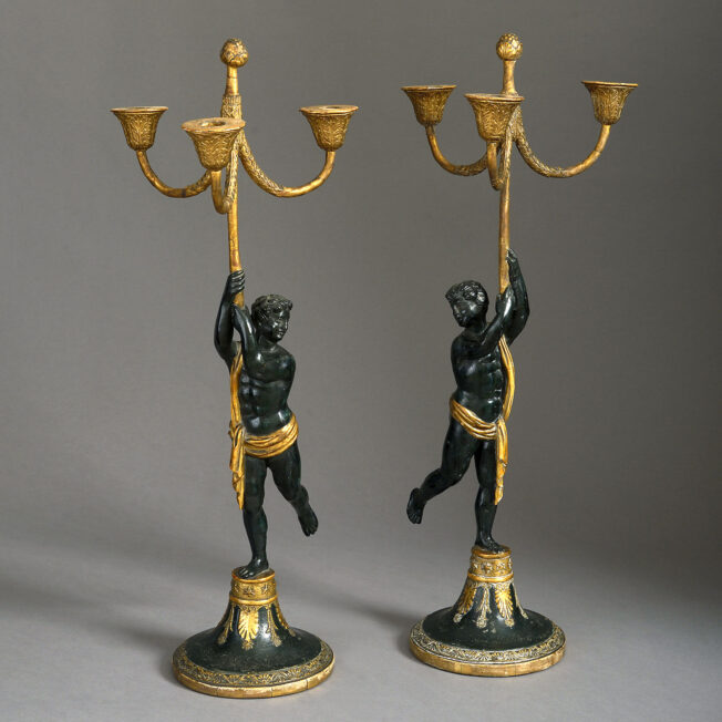 Pair of Bronzed and Parcel-Gilt Candelabra