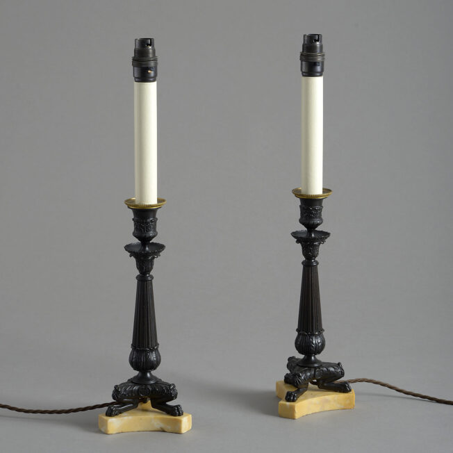 Pair of Bronze and Marble Candlestick Lamps