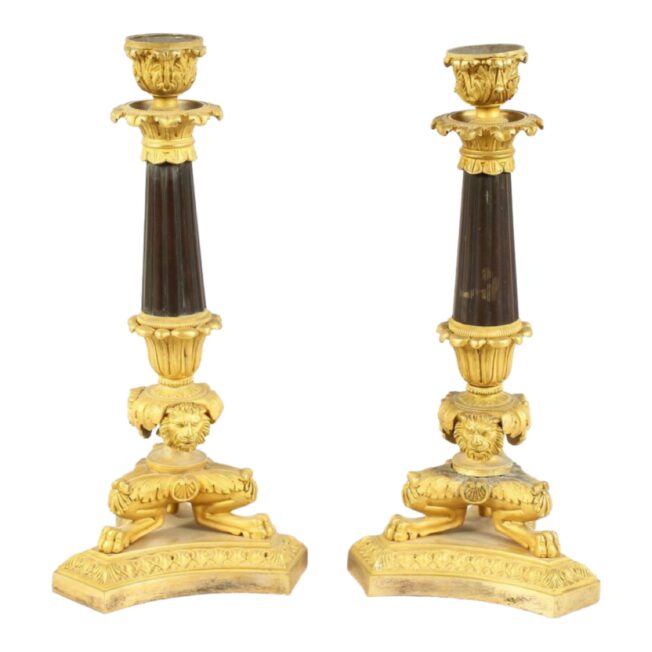 Fine Pair of Empire Bronze and Gilt-Bronze Candlesticks