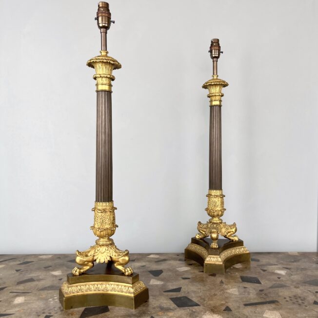 Pair of Large Bronze and Gilt-Bronze Column Lamps
