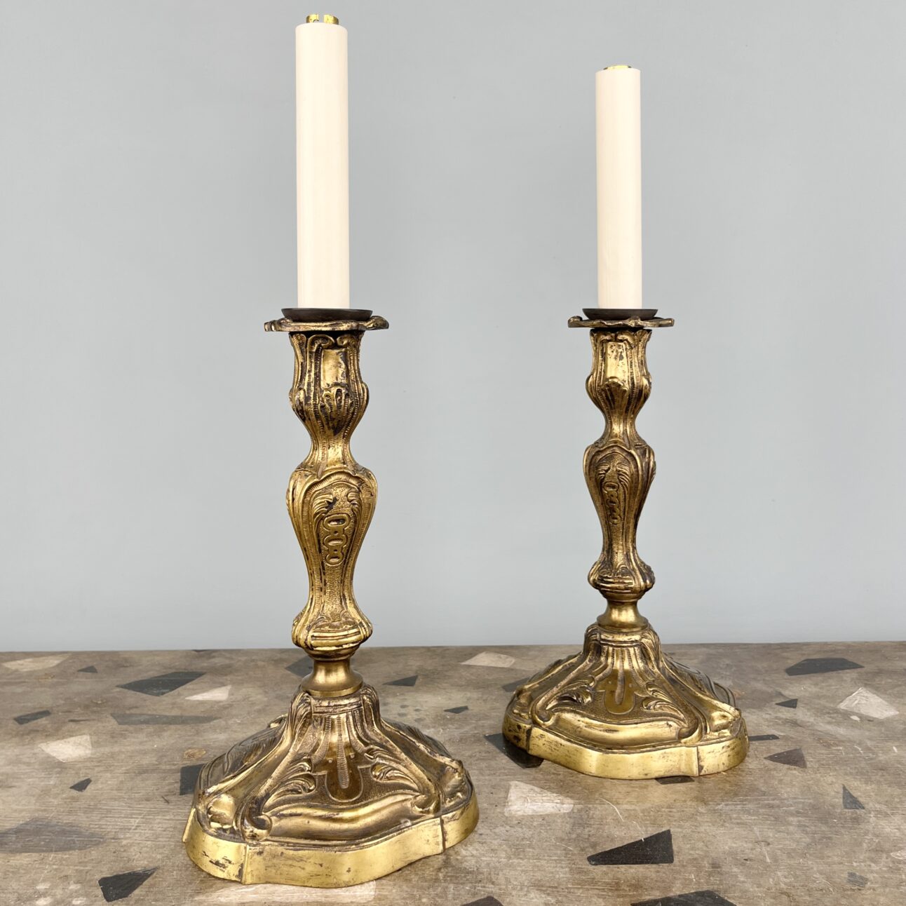 Pair of Louis XV Style Gilt-Bronze Candlestick Lamps