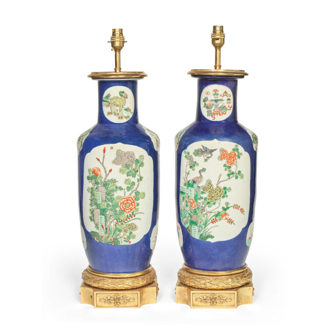 Pair of Powder Blue and Famille Vert Vase Lamps