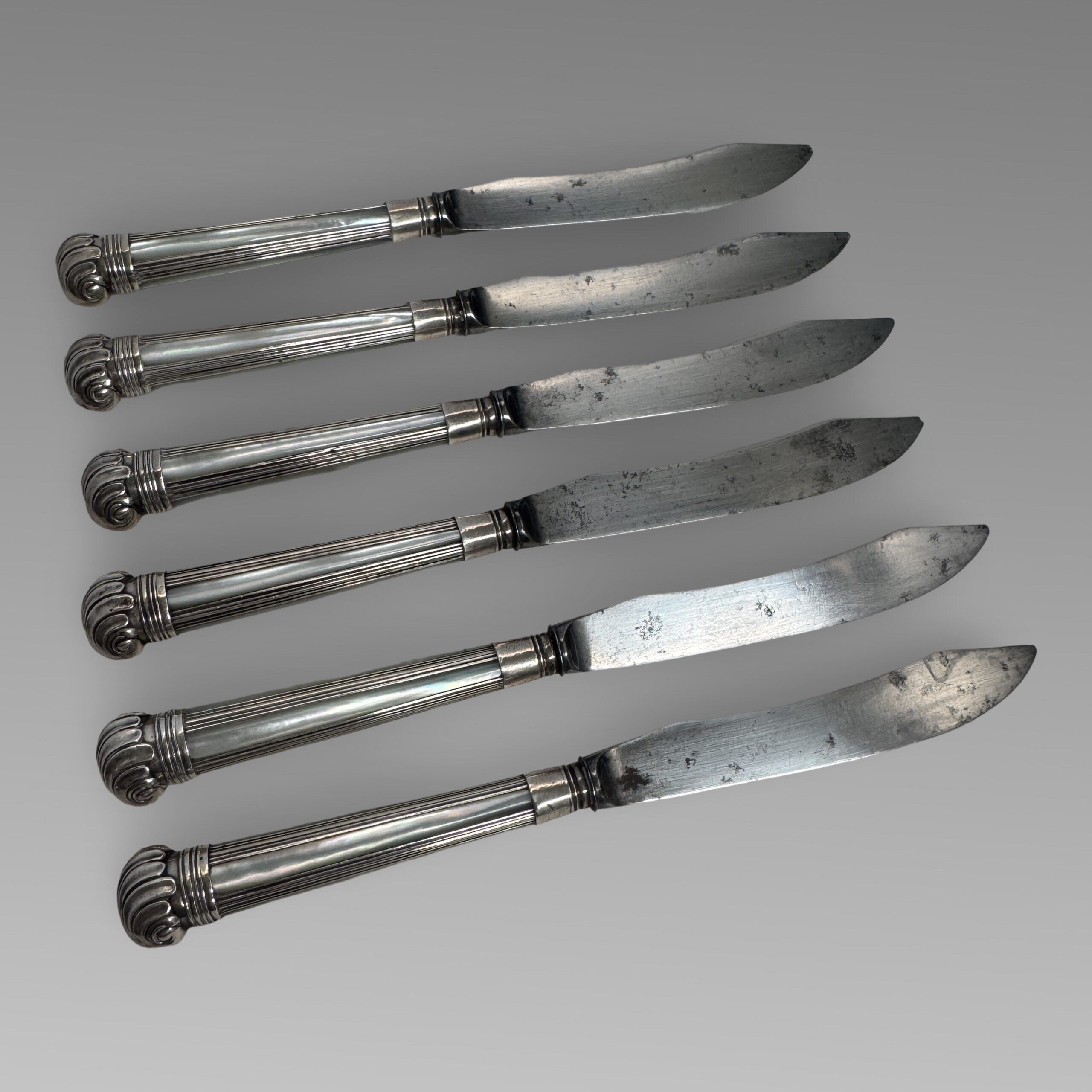 Set of Six Silver and Mother-of-Pearl Handled Fruit or Butter Knives Set of Six Silver and Mother-of-Pearl Handled Fruit or Butter Knives