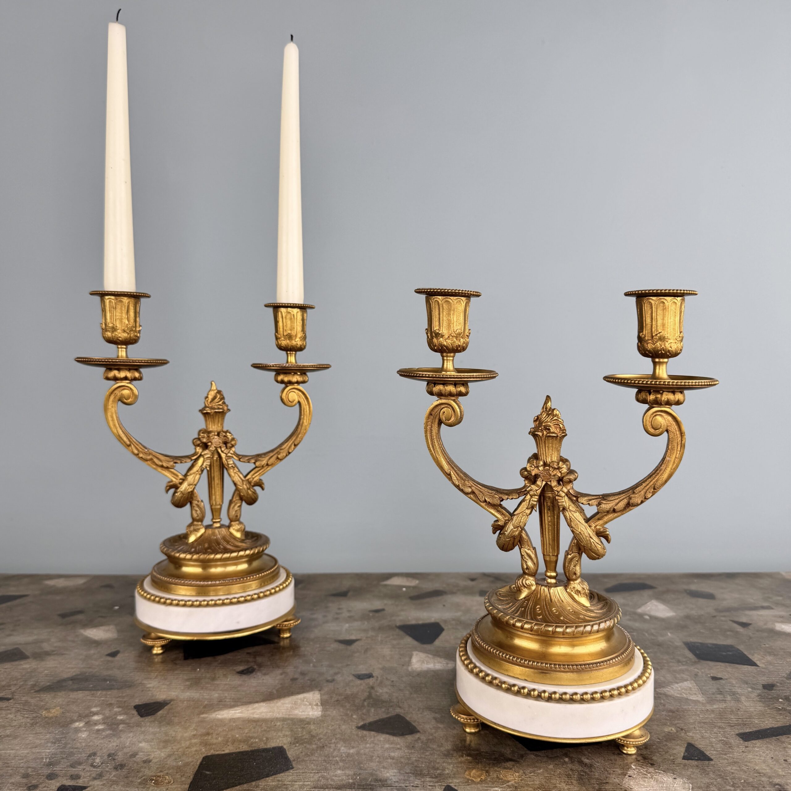 Pair of Louis XVI Style Gilt-Bronze and Marble Candelabra Pair of Louis XVI Style Gilt-Bronze and Marble Candelabra