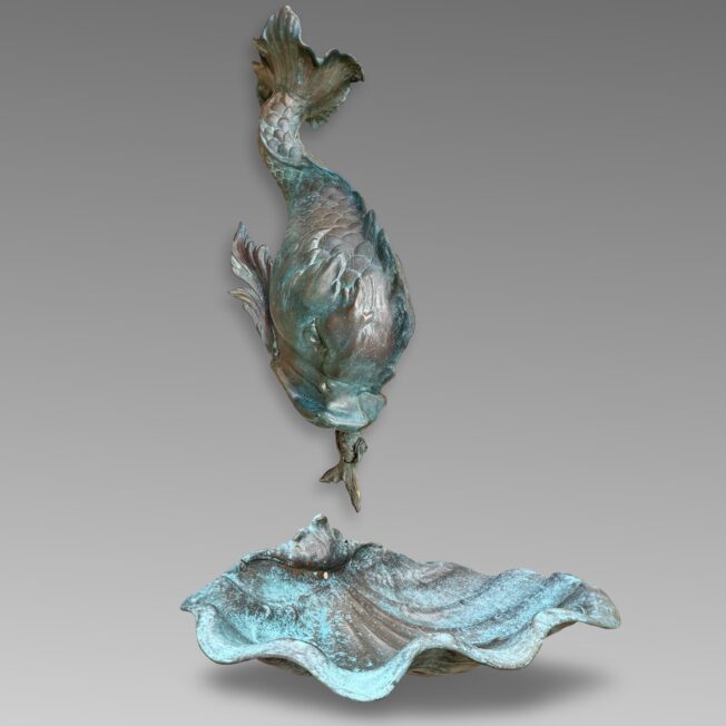 Antique Copper Dolphin Wall Fountain and Scallop Shell Basin