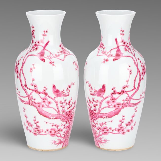 Pair of Antique Chinese Puce Decorated Vases