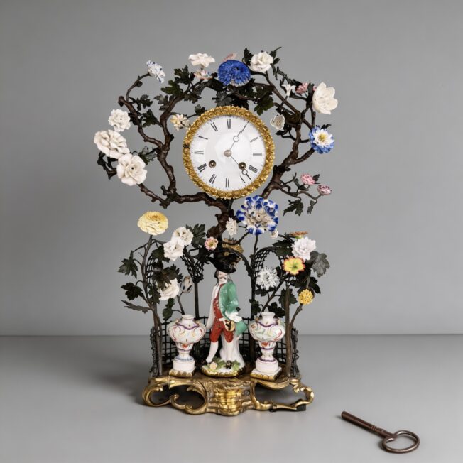 Louis XV Gilt-Bronze, Porcelain and Tôle Peinte Clock