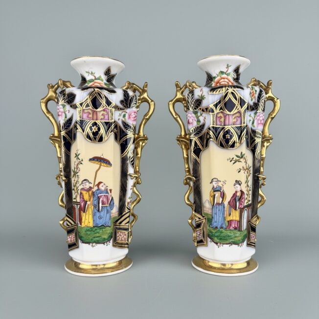 Pair of Antique Bayeux Porcelain Chinoiserie Vases