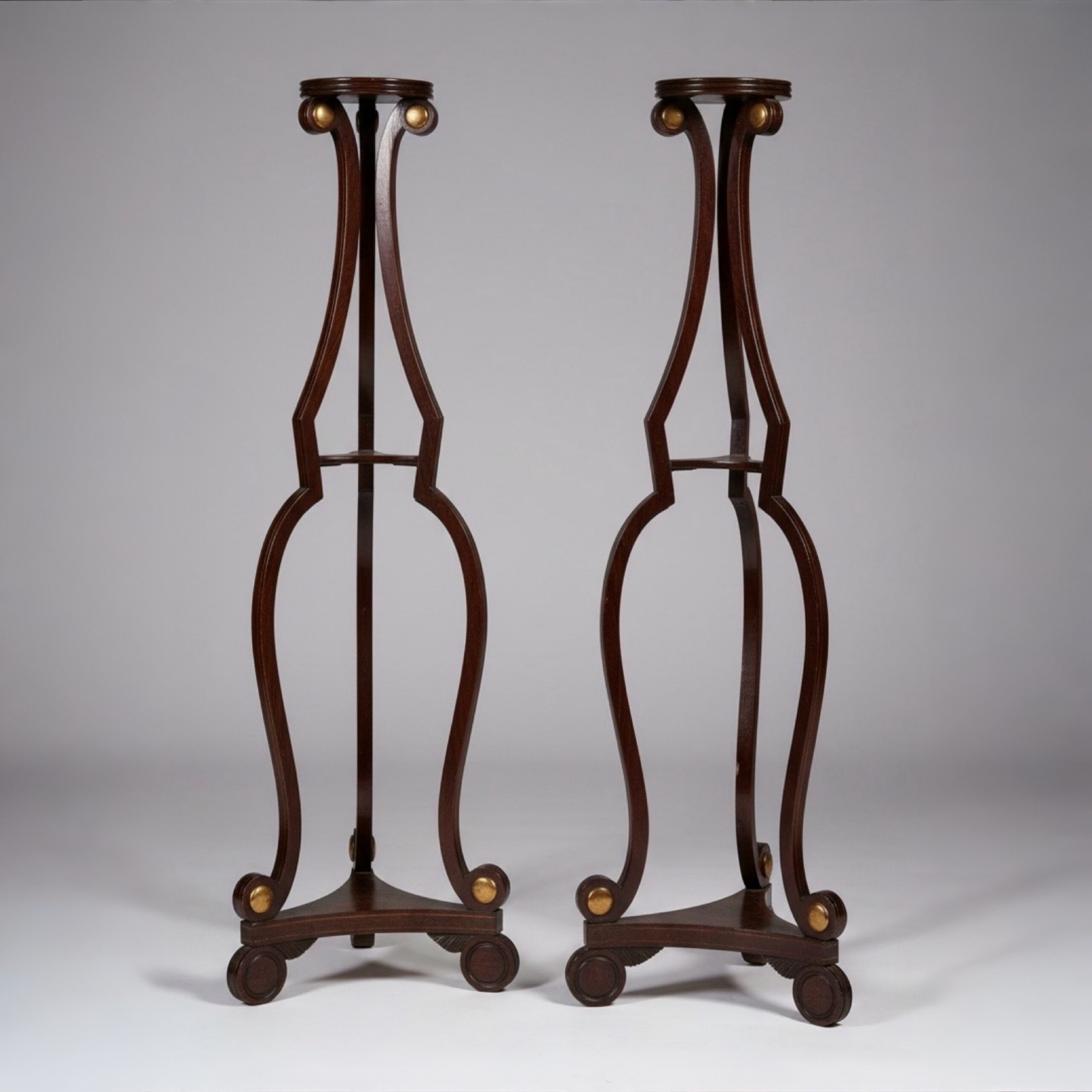 Pair of Regency Brass-Inlaid Faux Rosewood Torchères Pair of Regency Brass-Inlaid Faux Rosewood Torchères