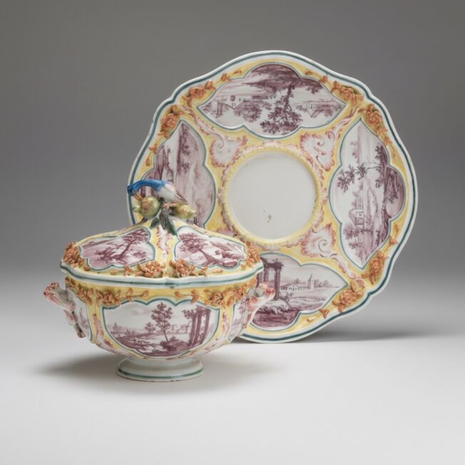 Nove, Antonibon Style Faience Ecuelle, Cover and Stand