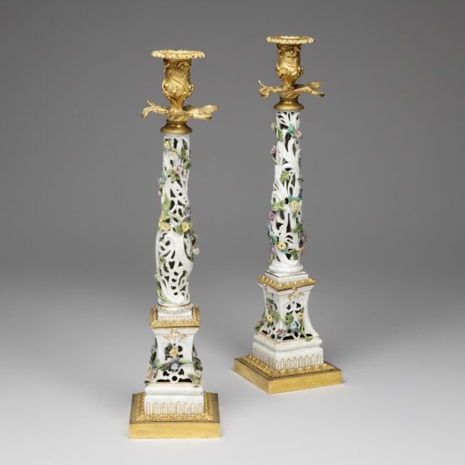 Pair of 18th Century Meissen Gilt-Bronze Mounted Porcelain Candlesticks