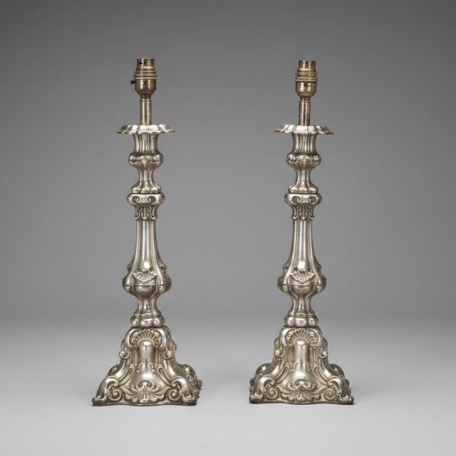 Pair of Antique Silvered Candlestick Lamps