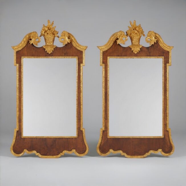 Pair of George II Walnut and Parcel Gilt Pier Mirrors