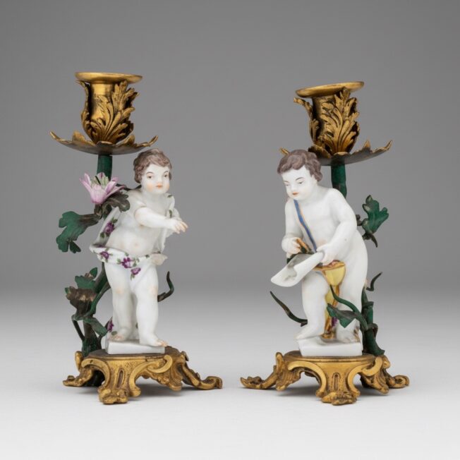 Pair of Louis XV Gilt-Bronze, Porcelain and Tôle Candlesticks