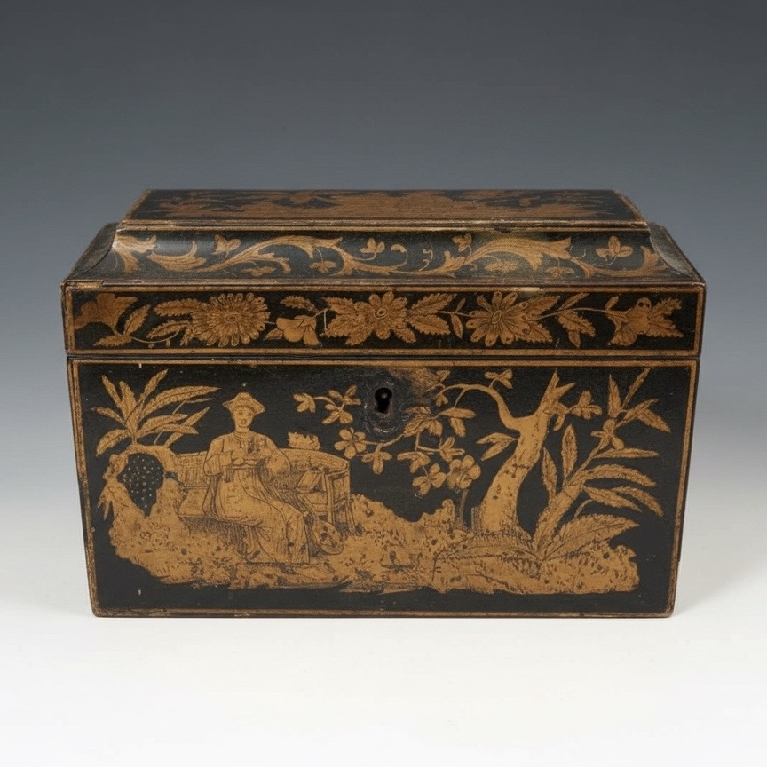 Regency Chinoiserie Penwork Tea Caddy Regency Chinoiserie Penwork Tea Caddy