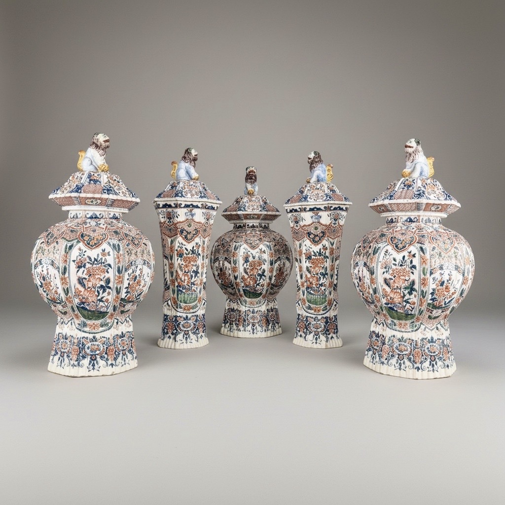 Antique garniture of delft vases Antique garniture of delft vases