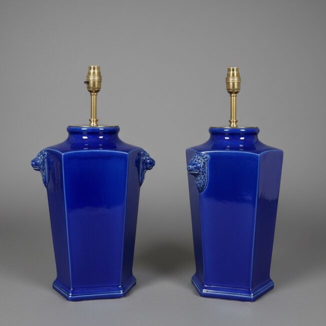 Pair of Cobalt Blue Masons Ironstone Vase Lamps