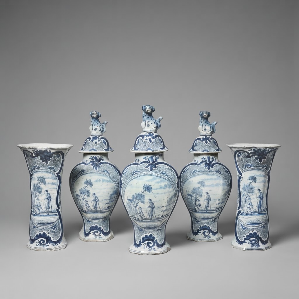 Antique 18th century Delft Garniture of Five Vases Antique 18th century Delft Garniture of Five Vases
